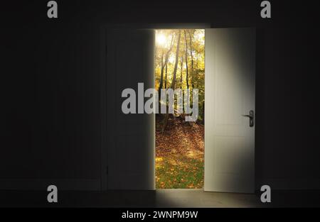 Il sole splende tra gli alberi nella foresta autunnale e porta aperta Foto Stock