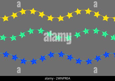 Tre linee ondulate di stelle nei colori giallo, verde acqua e blu su sfondo grigio. Illustrazione vettoriale. EPS 10. Illustrazione Vettoriale