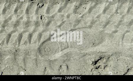 Una scarpa stampata su una pista di gomme sulla sabbia da spiaggia Foto Stock