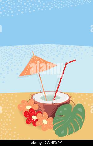 Cocktail in mezza noce di cocco con paglia, ombrellone, fiori e foglie sullo sfondo verticale colorato dell'estate. Copia spazio. Concetto di progettazione vettoriale per poster, banner, schede o Web, cartelloni pubblicitari o annunci Illustrazione Vettoriale