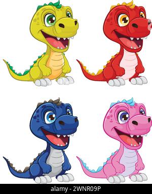 Quattro simpatici dinosauri dai colori vivaci che sorridono. Illustrazione Vettoriale