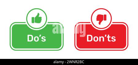 Pulsanti cosa fare e cosa non fare con simboli come e cosa non piace di colore verde e rosso. Pulsanti Do's e Don'TS con i simboli thumbs Up e thumbs Down. Illustrazione Vettoriale