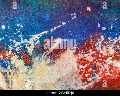 sfondo di tela dipinto astratto con blot di colore e schizzi di vernice. Foto Stock