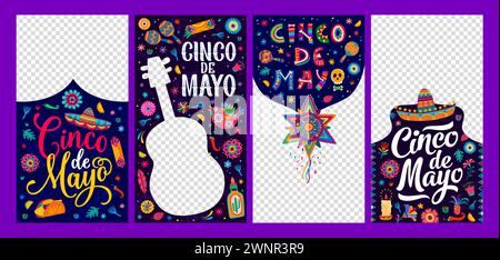 Modelli di social media per le festività messicane Cinco De Mayo per post di storie e frame vettoriali. Sombrero messicano, chitarra, maracas e pinata con tequila, burrito o taco per modelli di social media Cinco De Mayo Illustrazione Vettoriale
