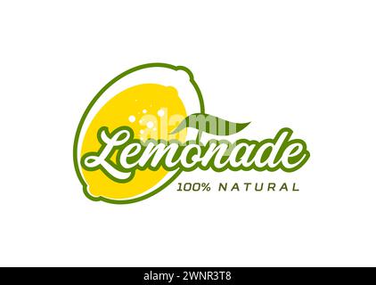 Icona della limonata con frutta al limone per bevande a base di succo o bibite gassate, etichetta vettoriale. Bevanda agli agrumi limonata segno di limone naturale al 100% con bollicine d'acqua frizzante e foglia verde per la confezione del prodotto Illustrazione Vettoriale