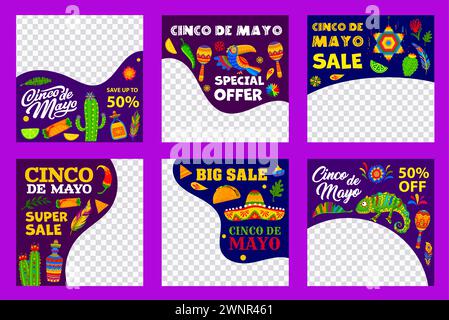 Cinco de Mayo: Grandi saldi e modelli di banner in offerta speciale per le festività messicane. Vector sombrero, maracas, tequila e tex mex food of Mexico fiesta, fiori tropicali, cactus e pinata web post set Illustrazione Vettoriale