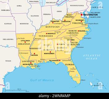 Regione sud-orientale, il sud degli Stati Uniti, mappa politica. Regione geografica e culturale, nota anche come Stati Uniti meridionali. Foto Stock