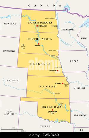 Regione delle grandi Pianure degli Stati Uniti, mappa politica. A volte semplicemente le Pianure sono un'ampia distesa di pianura in Nord America. Foto Stock