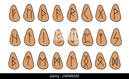 Serie di rune. Collezione di doodle disegnati a mano di simboli runici norreni scandinavi su pietra. Illustrazione piatta vettoriale dei glifi celtici. Illustrazione Vettoriale