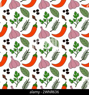 Motivo senza cuciture con peperoncino, alloro, prezzemolo, pepe nero, aglio, rosemary, chiodi di garofano. Spezie, condimenti ed erbe aromatiche. Carta da parati da cucina. Illustrazione Vettoriale