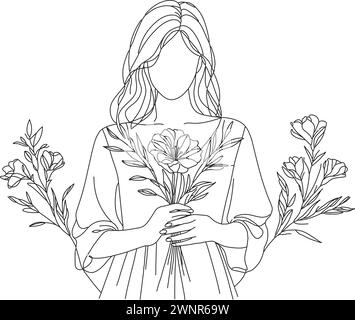 Donna che tiene i fiori in mano, vettore, poster, pittura, scarabocchio, fatto a mano, primavera, linea, bianco Illustrazione Vettoriale