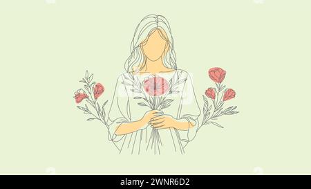 Un disegno dettagliato di una donna in piedi mentre tiene in mano un mazzo di fiori colorati. Giornata internazionale della donna, 8 marzo, Festa della mamma Illustrazione Vettoriale