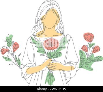 Un disegno di una donna in un vestito che tiene in mano un mazzo di fiori colorati. Giornata internazionale della donna, 8 marzo, Festa della mamma Illustrazione Vettoriale