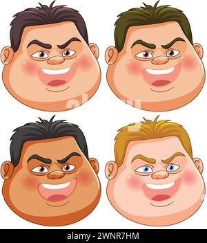 Quattro facce maschili stilizzate che mostrano espressioni diverse. Illustrazione Vettoriale