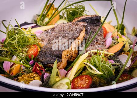 Insalata fresca con filetti di pesce alla griglia in una ciotola bianca Foto Stock