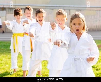 Tweenagers padroneggiare Karate si muove sul prato verde nella scuola di sport Foto Stock