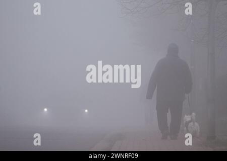 Lipsia, Germania. 4 marzo 2024. Un uomo cammina attraverso la nebbia con il suo cane. La nuova settimana è iniziata con una fitta nebbia in Sassonia. Il servizio meteorologico tedesco prevedeva un giorno nuvoloso e asciutto il lunedì dopo che la nebbia si è alzata. Durante le notti di martedì e mercoledì, la nebbia potrebbe tornare in alcune aree. Crediti: Jan Woitas/dpa/Alamy Live News Foto Stock