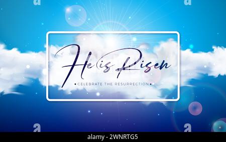Illustrazione delle festività pasquali con nuvola sullo sfondo del cielo soleggiato. Lui è Risen. Poster a tema Vector Christian Resurrection Celebrate Design for Resurrection Illustrazione Vettoriale