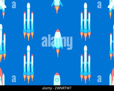 Modello senza cuciture delle astronavi. Veicolo di lancio orbitale. Razzi spaziali in stile piatto. Navi spaziali per l'esplorazione spaziale e i voli interplanetari. Design Illustrazione Vettoriale