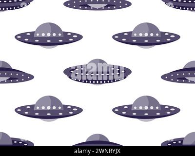 Motivo senza cuciture con piattini spaziali UFO neri su sfondo bianco. Astronavi aliene e dischi volanti spaziali. Astronavi aliene. Design per la stampa, ba Illustrazione Vettoriale