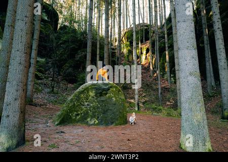 Ragazzo e il suo cane corgi su una grande roccia nella foresta Foto Stock
