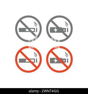 Set di icone del vettore di vaping e non fumare. Nessuna icona con il simbolo rosso della sigaretta elettronica. Illustrazione Vettoriale