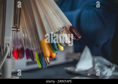 estetista che dipinge le unghie di una donna in un salone di bellezza, lavoro, lavoro Foto Stock