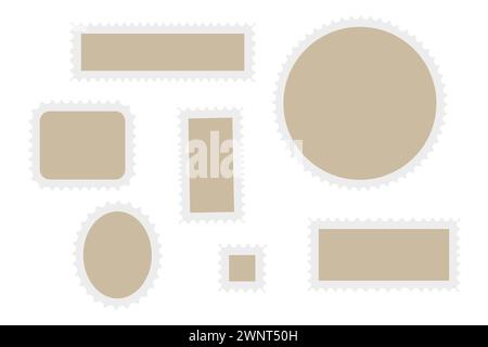 Set di cornici per francobolli. Francobolli vintage vuoti con bordo perforato. Modello bordo vuoto per cartoline e lettere. Illustrazione vettoriale. EPS Illustrazione Vettoriale