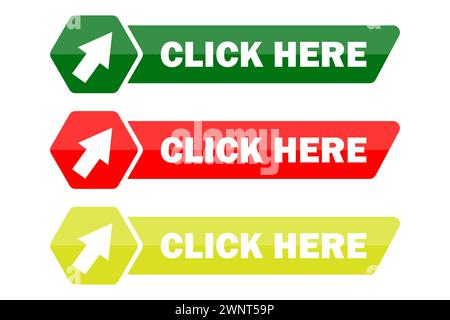 Fare clic qui con il puntatore a freccia che fa clic sull'icona. Illustrazione vettoriale. EPS 10. immagine stock. Illustrazione Vettoriale