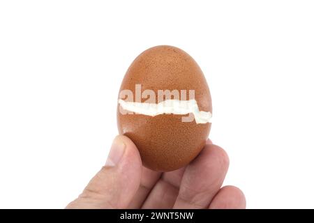 Mano che regge un uovo sodo, incrinato durante la bollitura, isolato su fondo bianco Foto Stock
