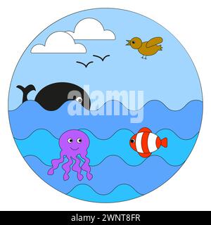 Creazione SEA LIFE Circle. Balene, pesci, uccelli. Vivace ecosistema oceanico. Illustrazione vettoriale. EPS 10. Immagine stock. Illustrazione Vettoriale