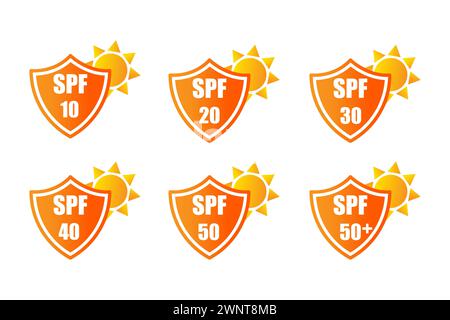 Icone per i prodotti per la protezione solare. Set di icone di protezione solare SPF piatte. Icona protezione UV. Illustrazione vettoriale. EPS 10. Immagine stock. Illustrazione Vettoriale