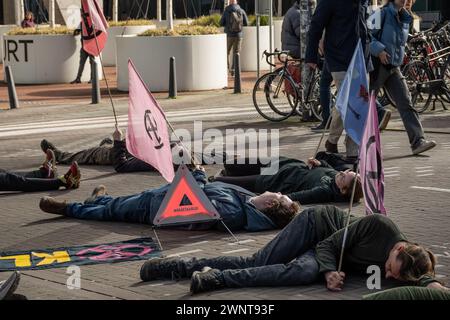 L'Aia, Paesi Bassi. 4 marzo 2024. Gli attivisti del gruppo di azione diretta Extinction Rebellion fanno una protesta pacifica per la consapevolezza del cambiamento climatico ambientale. Sirena di allarme per raid aerei mensile utilizzata come allarme e manifestanti Die-in Credit: Drew McArthur/Alamy Live News Foto Stock