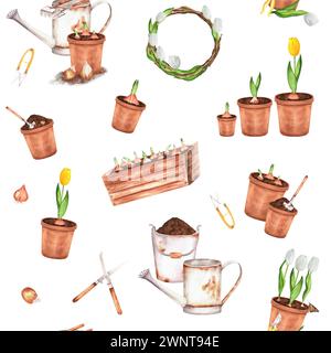 Illustrazione ad acquerello disegnata a mano. Motivo senza cuciture con attrezzi da giardino, vasi di fiori, secchi, lattine da irrigazione e tulipani Foto Stock