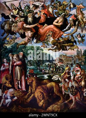 La tentazione di Sant'Antonio il grande 1594 di Maerten de Vos 1532-1605 Museo reale di Belle Arti, Anversa, Belgio, Belgio. Sant'Antonio (III-IV secolo) fu uno dei primi monaci a ritirarsi nel deserto per dedicarsi al digiuno e alla preghiera. La Chiesa conosce la sua storia di vita grazie al suo biografo, St. Atanasio, il vescovo di Alessandria. “Quando abbiamo visitato St. Anthony, nelle rovine dove viveva, sentivamo una commozione, migliaia di voci e lo scontro d'armi. Inoltre, di notte, sarebbero venute bestie selvatiche, e il santo le ha combattute con la preghiera", disse Atanasio. Foto Stock