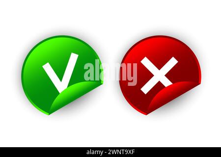 Adesivi con segno di spunta rosso e verde. Segni di spunta e croce. Icona di convalida. Segno di spunta verde e X. adesivo approvato e rifiutato. Illustrazione vettoriale Illustrazione Vettoriale