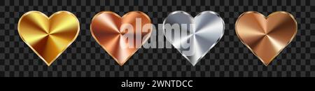 Set di ologrammi a forma di cuore. Alluminio, argento, rame, oro, sfumatura di colore bronzo. vettore 3d su sfondo nero. Illustrazione Vettoriale