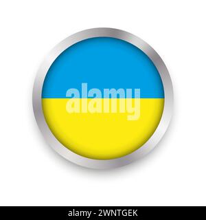 Pulsante Ucraina. Bandiera dell'Ucraina, bottone con telaio in metallo. Illustrazione vettoriale. EPS 10. Immagine stock. Illustrazione Vettoriale