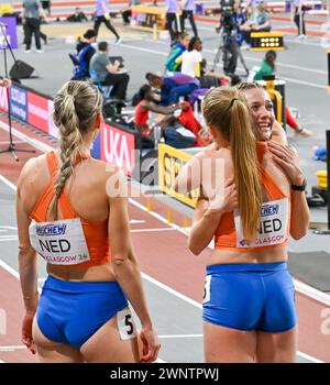 Glasgow, Scozia, Regno Unito. 3 marzo 2024. Relè 4x400 m donne. Festeggiamo la squadra olandese. 1° Paesi Bassi, 2° Stati Uniti, 3° GBR durante i Campionati mondiali di atletica indoor all'Emirates Arena, Glasgow, Scozia, Regno Unito. Crediti: LFP/Alamy Live News Foto Stock