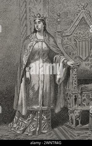 Sibila de Fortià (1350-1406). Regina consorte della Corona d'Aragona (1377-1387) dal suo matrimonio con Pietro IV d'Aragona (1319-1387). Verticale. Incisione di Serra Pausas. "Glorias Españolas" (Glorie di Spagna). Volume II Pubblicato a Barcellona, 1890. Foto Stock