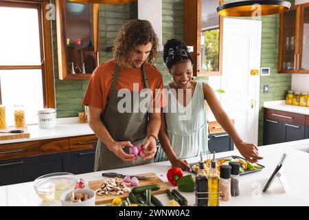 Coppie diverse, giovane donna afroamericana e uomo caucasico cucinano insieme in una cucina soleggiata Foto Stock