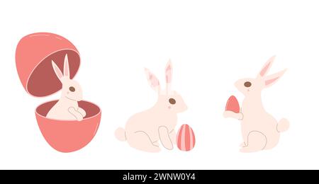 Coniglietti pasquali con uova. Conigli isolati su sfondo bianco. Illustrazione piatta vettoriale. Illustrazione Vettoriale