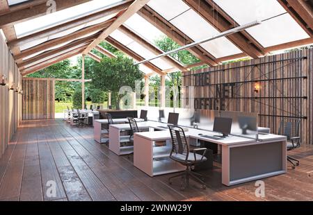 Un grande spazio open Office con pavimenti in legno Foto Stock