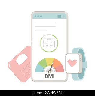 Industria della medicina sportiva per la perdita di peso. applicazione fitness. Indice di massa corporea BMI e metodo di conteggio della frequenza cardiaca con tecnologia. Illustrati piatti vettoriali Illustrazione Vettoriale