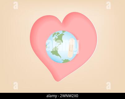 Pianeta Terra malato di cuore. Ami il tuo pianeta. Cambiamenti climatici e problemi ecologici. Illustrazione piatta vettoriale. Illustrazione Vettoriale