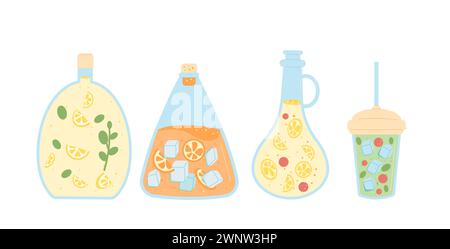Bevanda analcolica fatta in casa isolata su sfondo bianco. Bottiglie per succo di frutta, acqua e limonata, matraccio e vetro. Bevanda acida fresca e dolce con frutti di bosco, Illustrazione Vettoriale