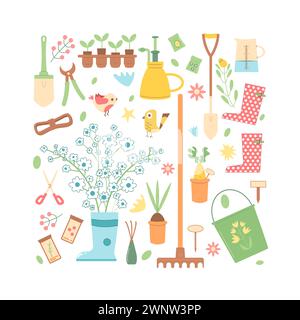 Set di striscioni quadrate per attrezzi da giardinaggio. Composizione degli elementi stagionali dell'agricoltura. Attrezzature per l'orticoltura primaverile. Piantare e lavorare in cortile. Semi, sho Illustrazione Vettoriale