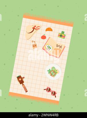 Giornata di picnic nel modello per banner del parco. Weekend primaverili di riposo elementi di sfondo. Cucina il cibo estivo in aria. Illustrazione piatta vettoriale. Illustrazione Vettoriale