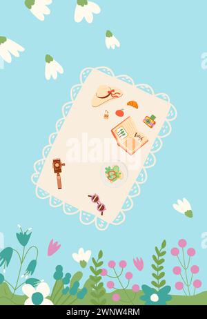 Giornata di picnic nel modello per banner del parco. Weekend primaverili di riposo elementi di sfondo. Cucina il cibo estivo all'aria. Illustrazione piatta vettoriale. Illustrazione Vettoriale