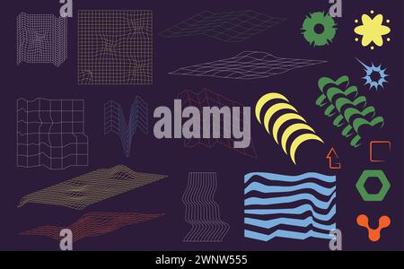 Elementi astratti, set retrò futuristico. Collezione di forme y2k per un design nostalgico. Modulo grafico di base. Illustrazione dell'isolamento delle figure vettoriali. Illustrazione Vettoriale